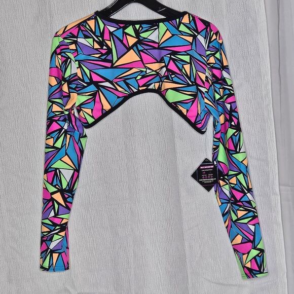 Rolita Couture Bold Colorful Neon Stained Glass Print Festival Buckle Crop Top - Picture 4 of 14